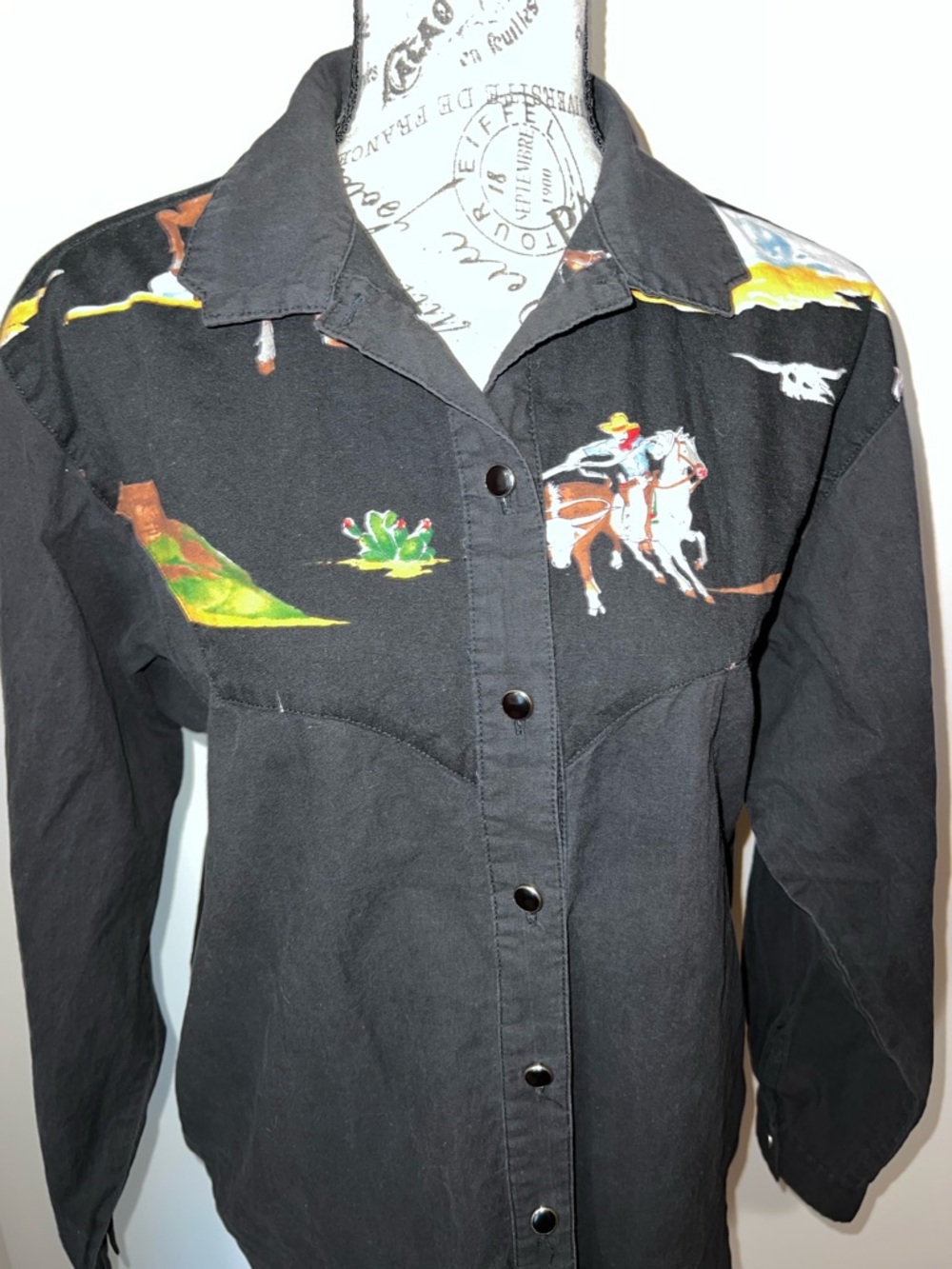 VTG Deserts West by Sherry Holt Cowboy Graphic Pearl Snap Shirt Black Large - Picture 2 of 13